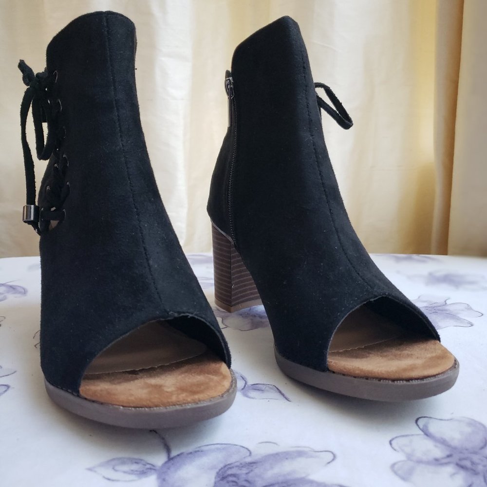 Rue 21 etc! Black Suede Peep Toe Boots Size 8/9